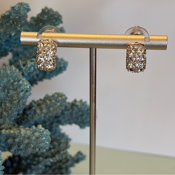 Authentic Stamped Swarovski Pave Clear Crystals Rhodium Plated Huggie Earrings - Picture 4 of 14